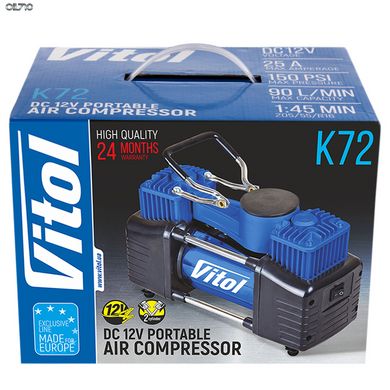 Компрессор "ViTOL" К-72 150psi/25Amp/90л/2 цилиндра/шланг 5,0м с дефлятором/клеммы