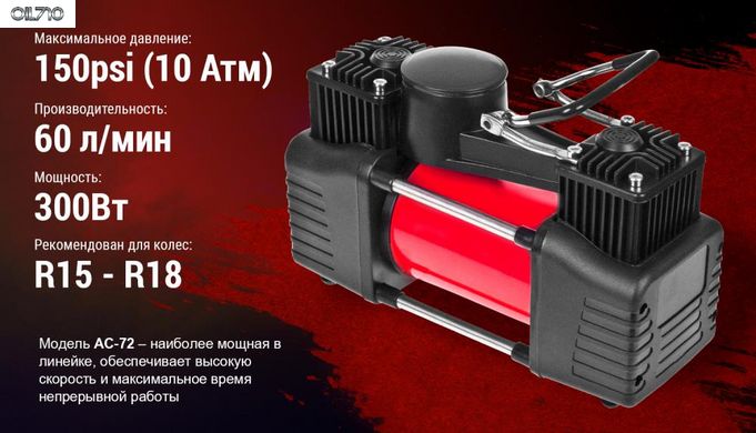 Компрессор "Штурмовик" АС-72 150psi/25Amp/60л/2 цилиндра/PU шланг 5,0м с дефлятором/клеммы АКБ