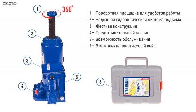 Домкрат гидравл. телескоп 3т чемодан. Высота подъема 180-350 мм. Iron Hand (IH-180350D-K)