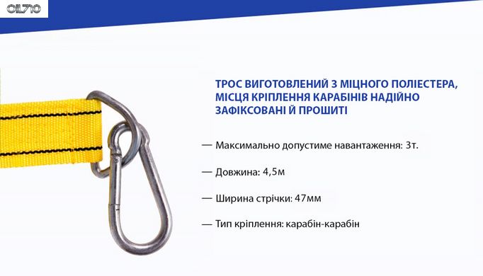 Трос буксирувальний ST1004/ТР-202-3-2 3т стрічка 47мм х 4,5м жовтий/карабін/блістер