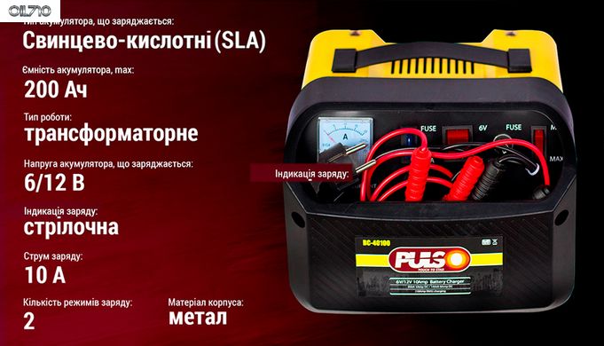 Зарядний пристрій PULSO BC-40100 6&12V/10A/12-200AHR/стрілковий індикатор