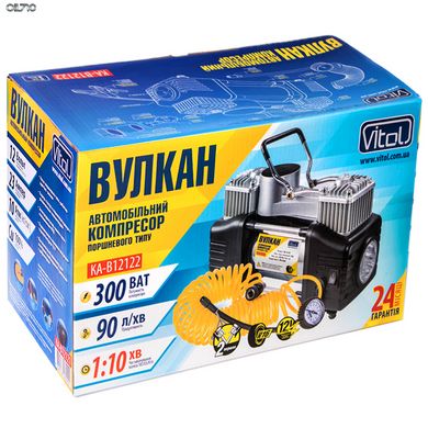 Компресор "Вулкан" КА-В12122 150psi / 25Amp / 90л / клеми / шланг 7,5м з дефлятором / ліхтар / 2 циліндра