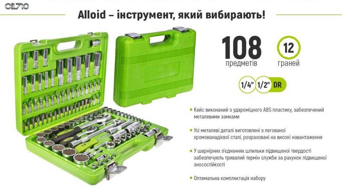 Універсальний набір інструменту 1/4" & 1/2", 108 предм. (12 гран.) (НГ-4108П-12)