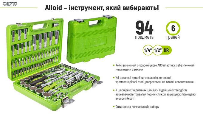 Набор инструмента Alloid 1/2" & 1/4", 94 предм. (6 гран.) (НГ-4094П-6)