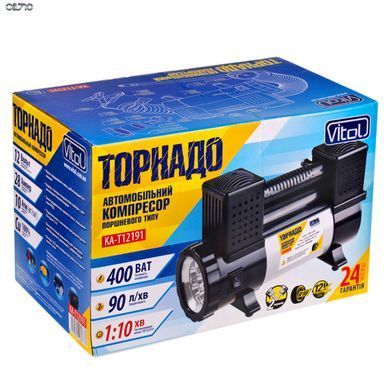 Компресор "Торнадо" КА-Т12191 150psi/28Amp/90л/клеми/ліхтар/шланг 7,5м з дефлятором/2 циліндри (КА-Т12191)